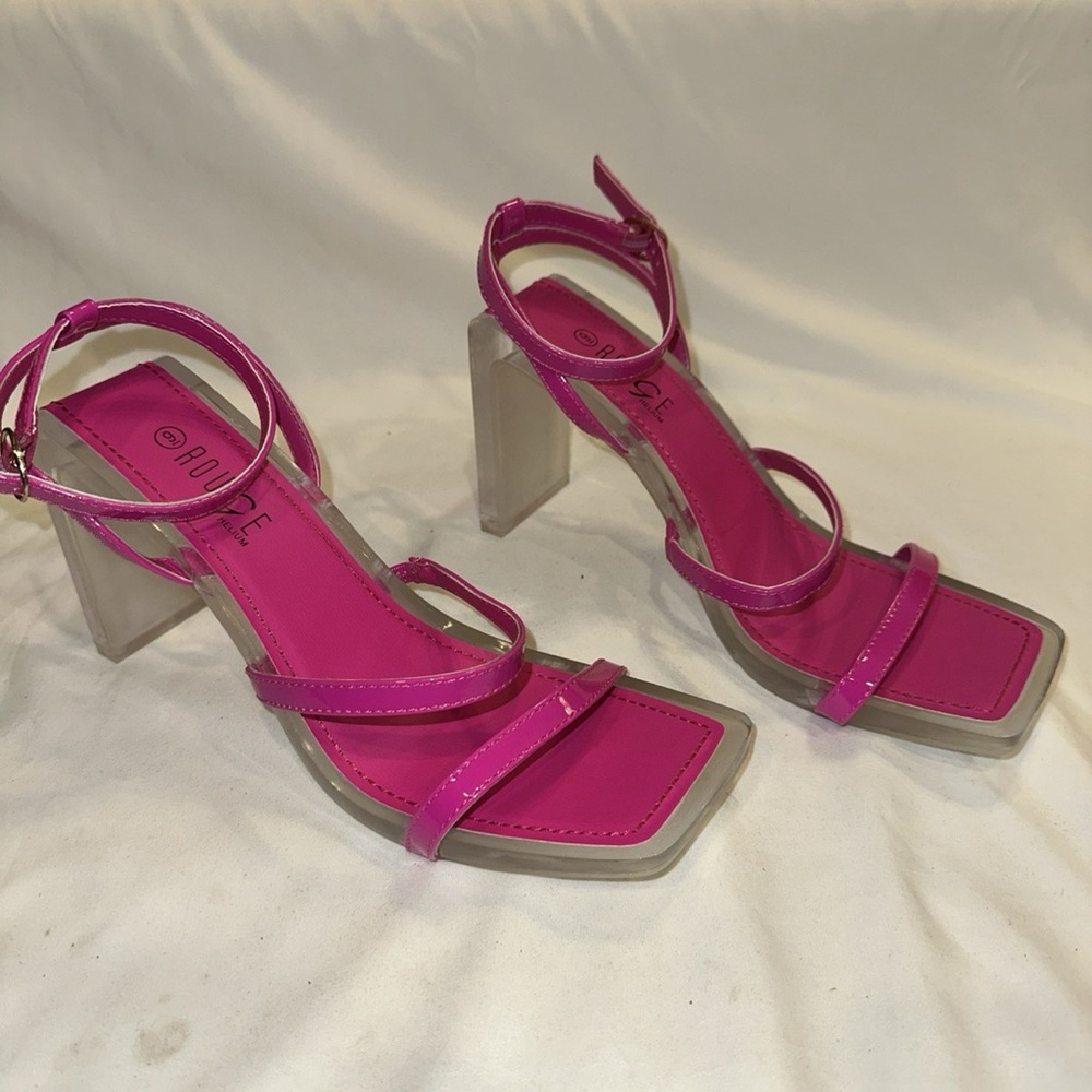 Rouge Collection Hot Pink Ankle-Strap Block Heels 7 US